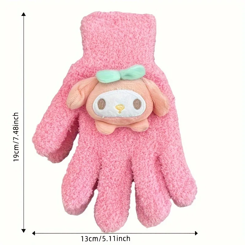 Sanrio Kuromi PomPomPurin	Women\'s Preppy Full Finger Cartoon Gloves Gilrs Kids Polyester Coral Fleece Cute Plush Riding Gloves