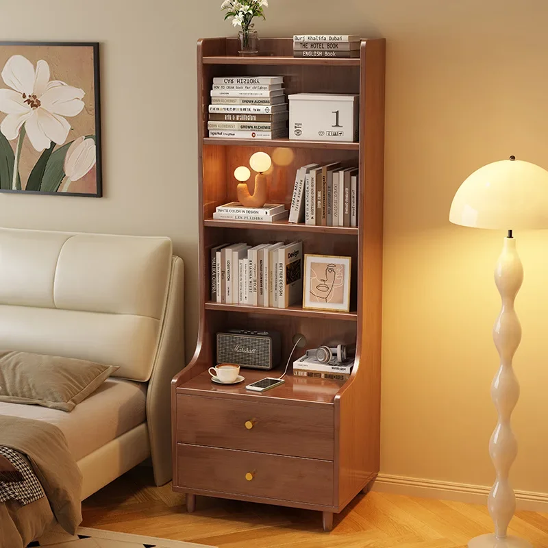 Solid wood bedside table bookshelf integrated bedroom multi-layer bedside narrow cabinet storage shelf floor bookcase with
