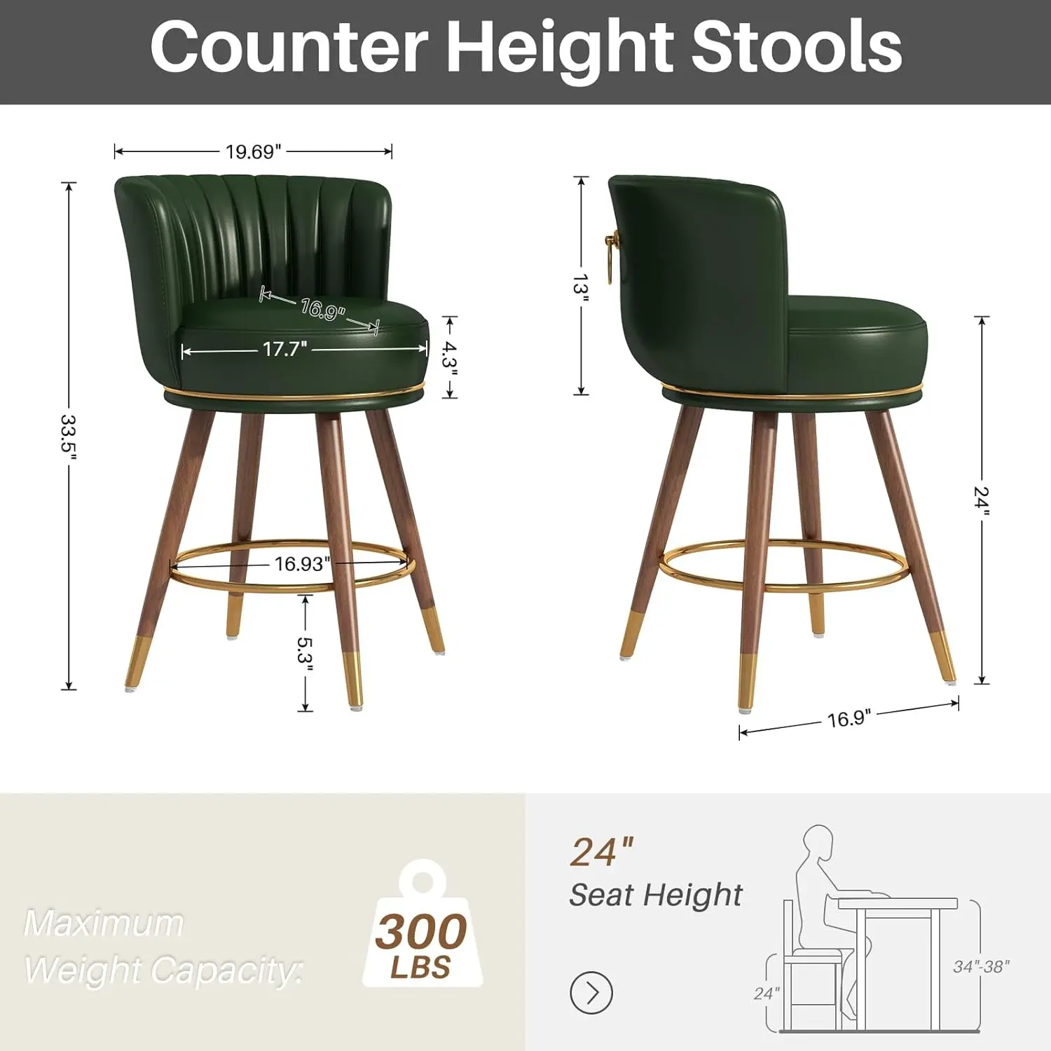 Counter Height Bar Stools Set of 4, Swivel Bar Stools with Back, 24