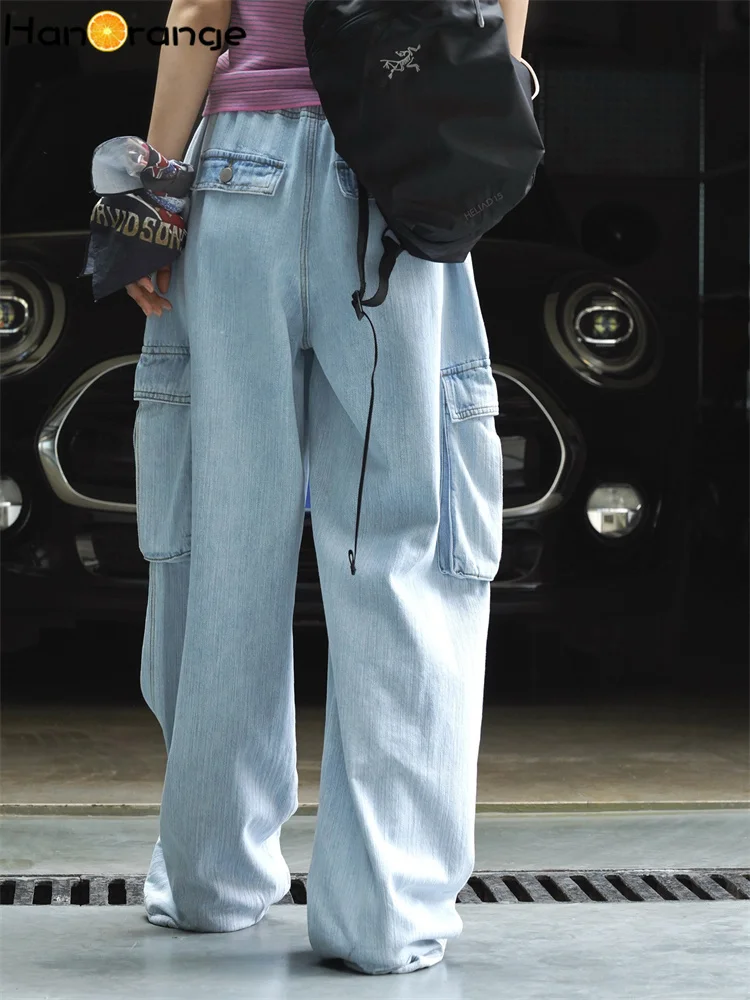 HanOrange 2026 Summer Cargo Big Pockets Jeans Women Bamboo Texture Loose Wide Leg Denim Pants Light Blue Retro