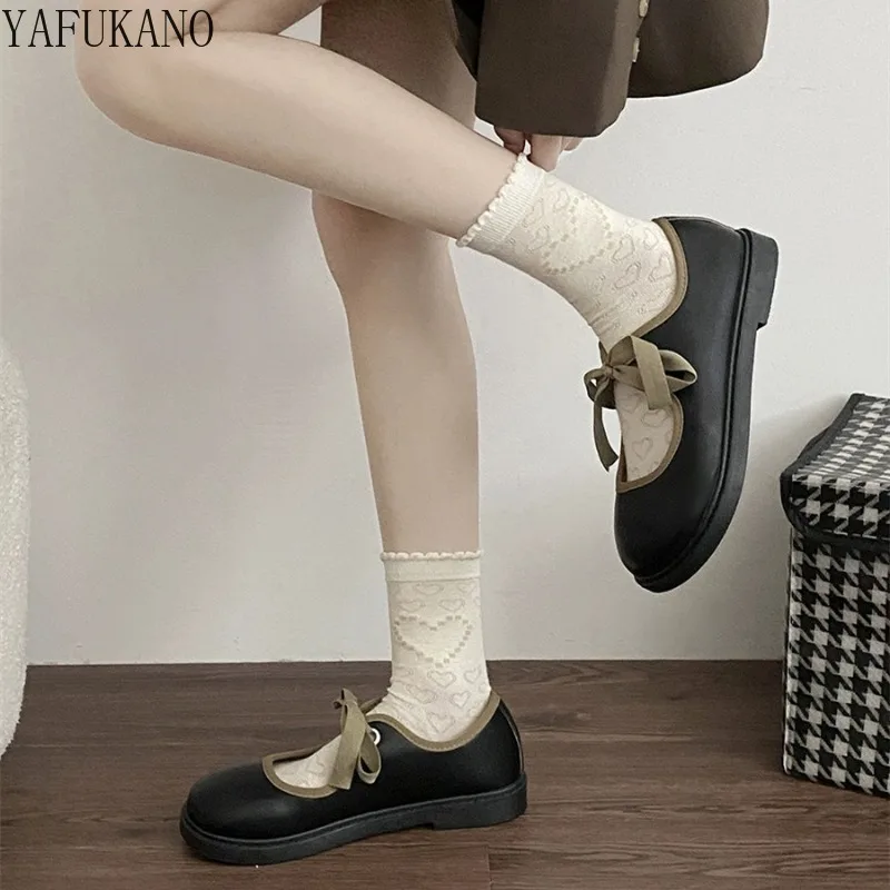 French Shallow Mouth Brown Round Head Flat Bottom Single Shoes Women Vintage Mary Jane Shoes Lace-up Casual Student Shoes