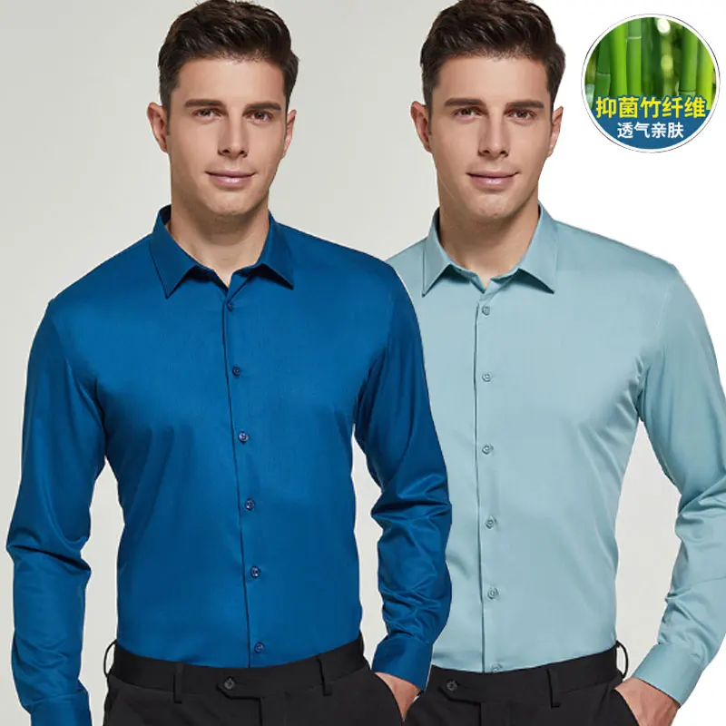 

5XL men's dress shirt bamboo fiber long sleeve high quality non-ironing business casual fashion slim solid color breathable