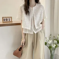 Female Clothing Fashion Hollow Out Blouse Summer Fake Two Pieces Spliced Korean Short Sleeve Loose Casual Single-breasted Shirt