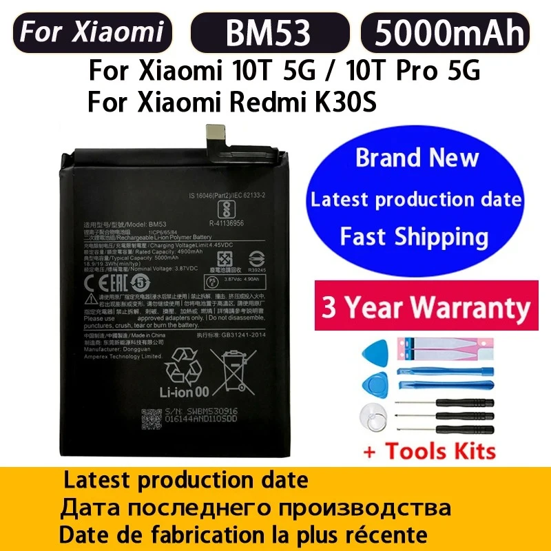 100% NEW Fast Shipping 5000mAh Battery BM53 For Xiaomi 10T 10T Pro Mi 10T Replacement Phone Batteries Bateria Batterij+Tools