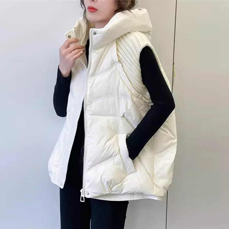 

Autumn Winter Hooded Knitting Down Vest Women White Duck Down Sleeveless Vest Female Zipper Thicken Warm Loose Quilted Waistcoat