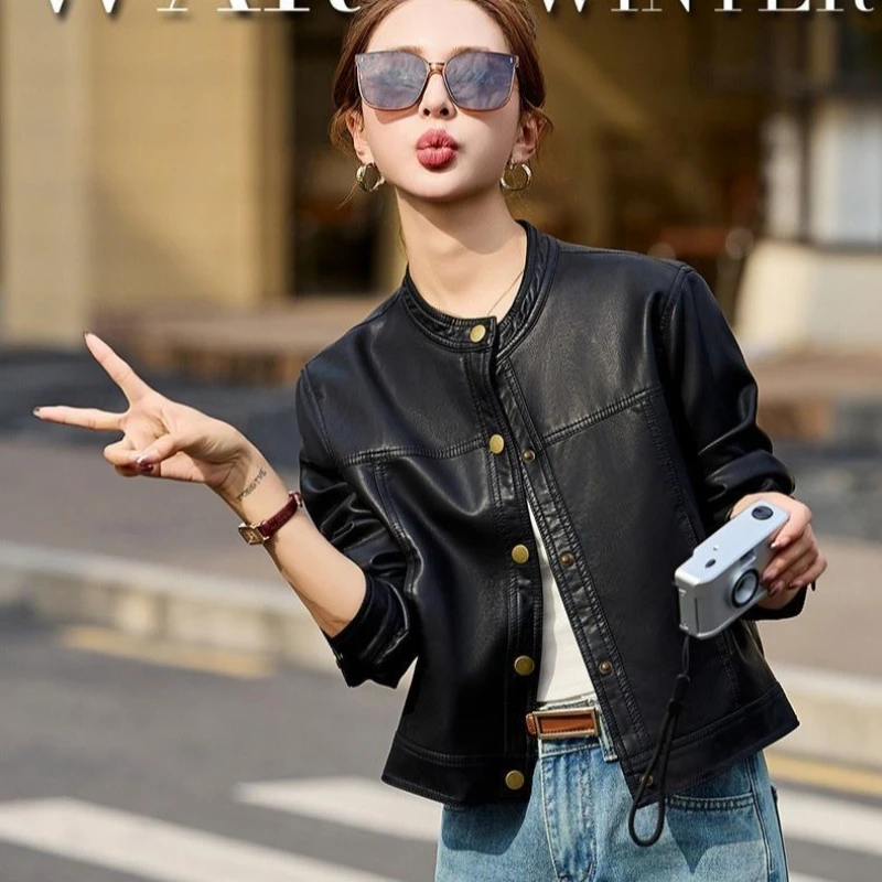 Women's 2026 Autumn New Round Neck Faux Leather Moto Jacket Cropped Petite Soft Chic Streetwear Trendy Korean Outerwear