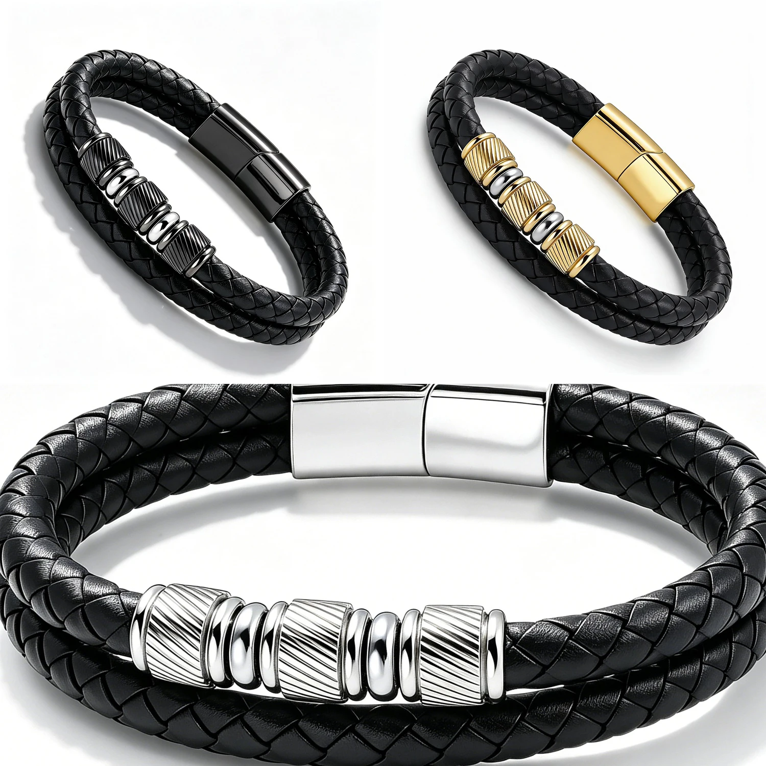 Modisches Herren-Armband aus schwarzem geflochtenem Leder, mehrlagig, stapelbar, mit Edelstahl-Magnetverschluss, Geburtstagsgeschenk – Detail 6