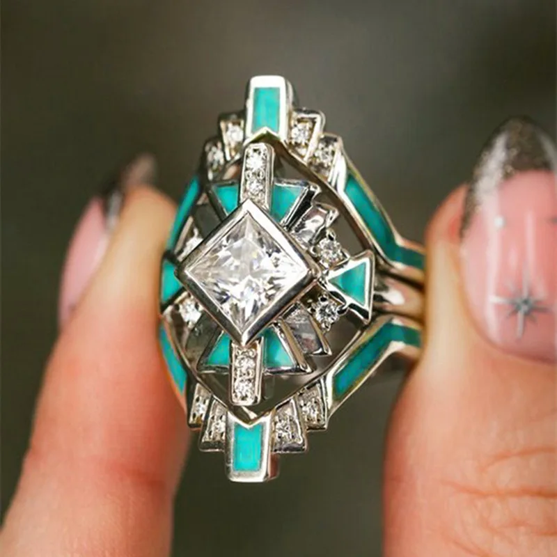 

New Three Piece Ring Set for Women with Future Technology Combination Ring Painting Oil Square