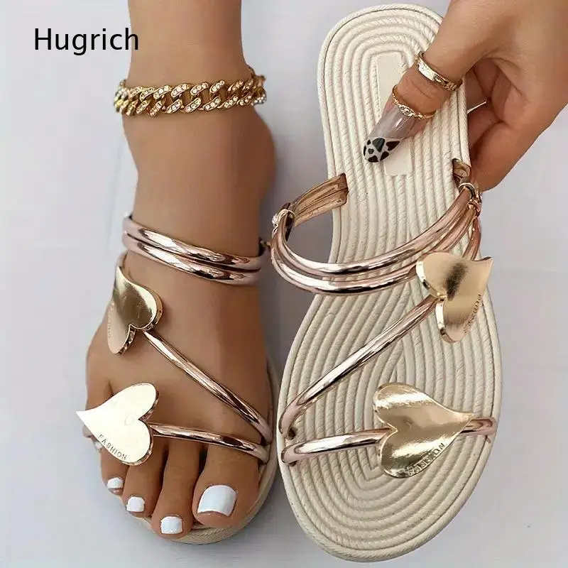 Women Metallic Heart Ornament Flat Sandals Multi Thin Straps Two Style Slingback Design Lightweight Daily Outdoor Sandals