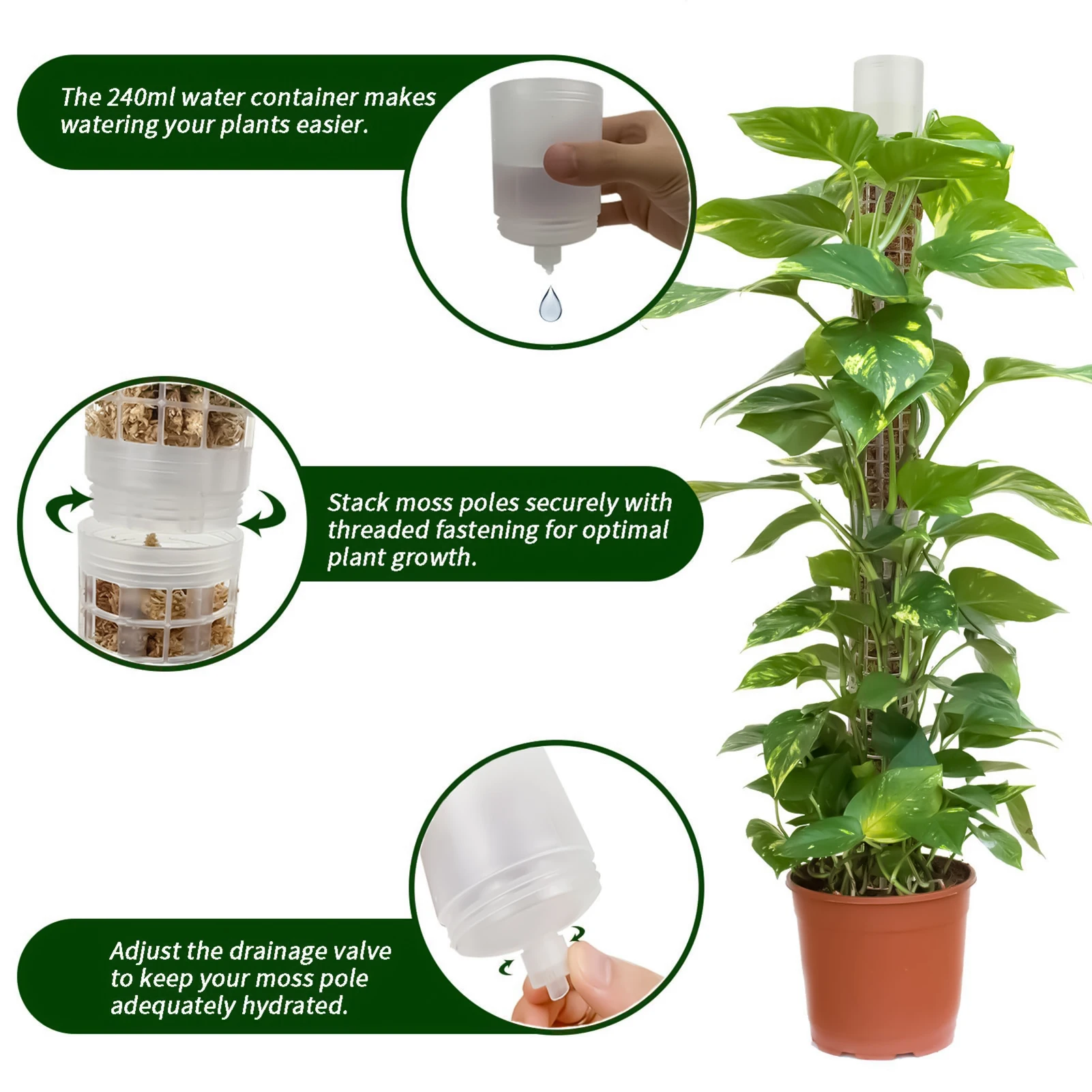 

1-2pcs Automatic Watering Moss Pole Stackable Plastic Plant supports Watering Stick with Adjustable Water Flow for Indoor Plants