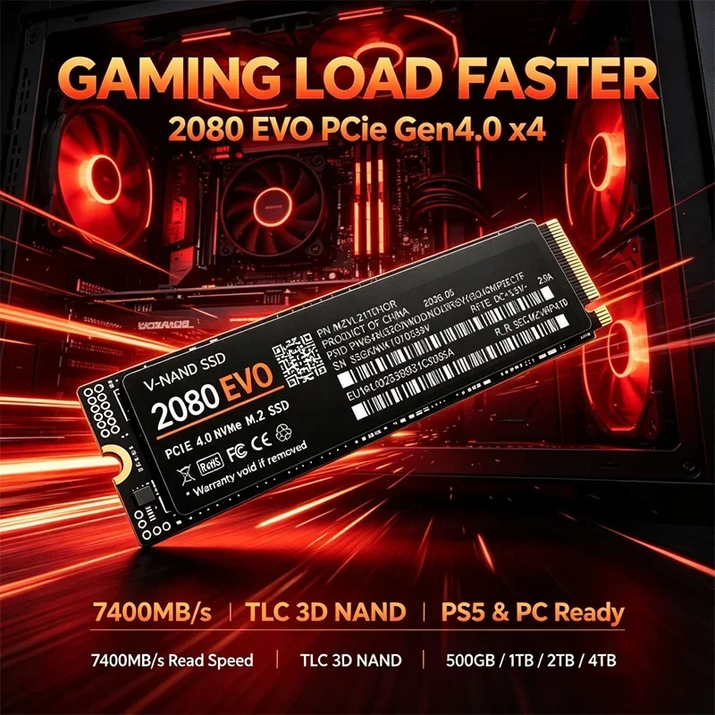 Gaming M.2 NVMe SSD 2080 EVO PCIe 4.0 X4 7400MB/s TLC 3D NAND 2280 Internal Drive 500GB 1TB 2TB 4TB for PS5 Laptop Desktop PC