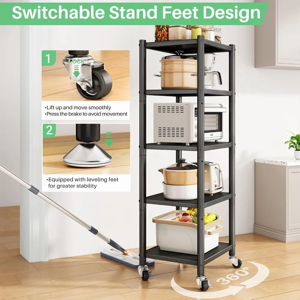 PXRACK 5-Tier Kitchen Storage Shelves, Adjustable Metal Shelves for Storage Pantry Shelves with Rolling Wheels, Storage Rack She