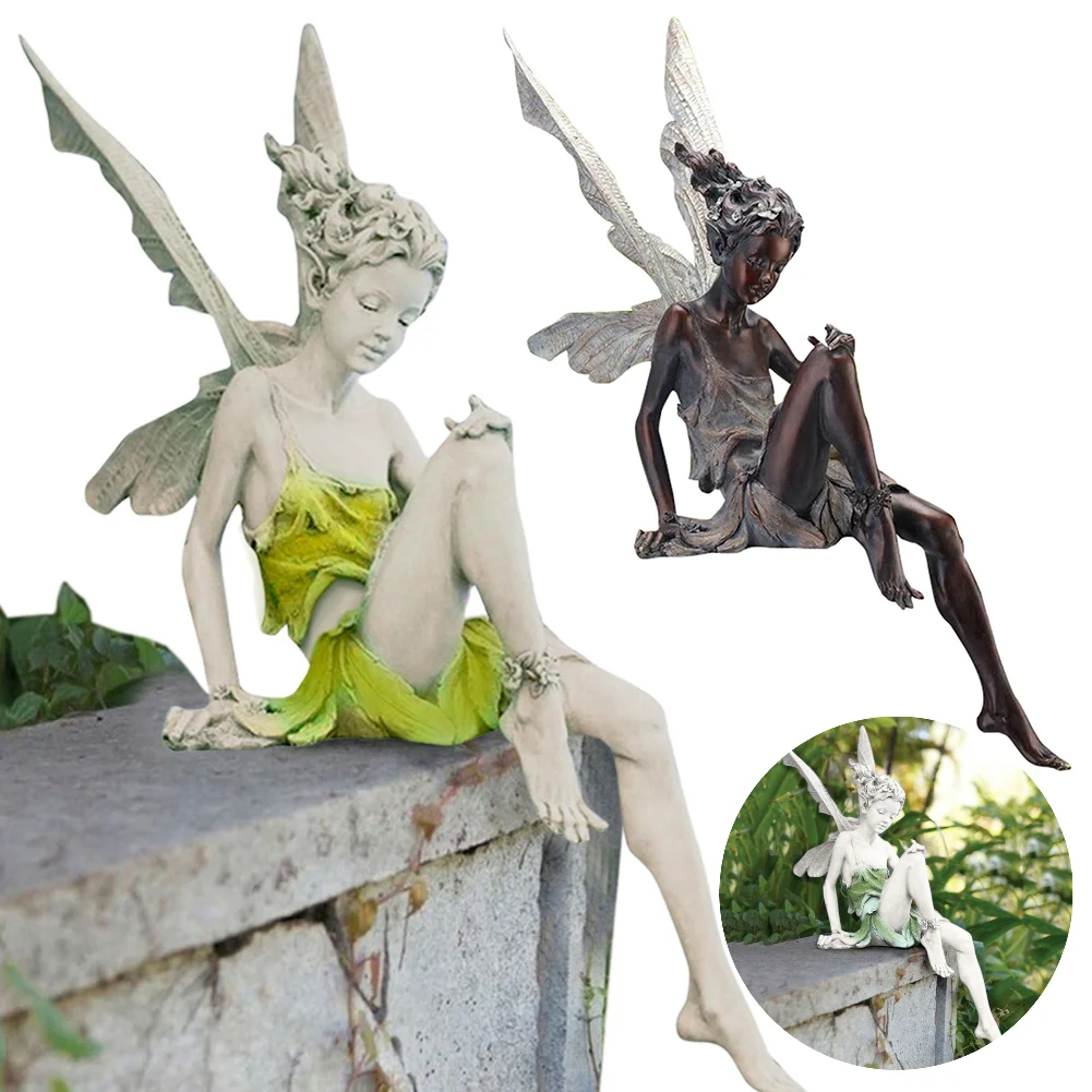 Flower Fairy Resin Statue Decoration Outdoor Garden Angel Girl Sitting Figurines Sculpture Craft Landscaping Yard Art Ornament