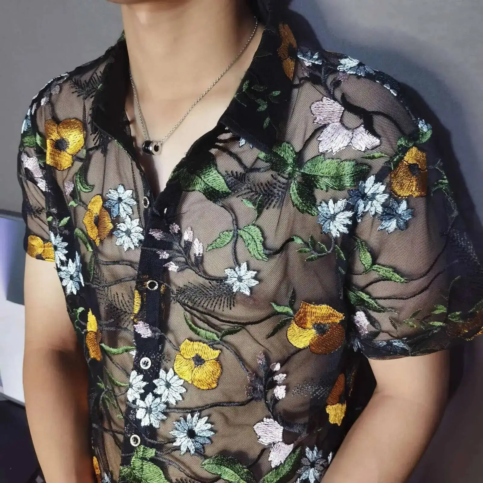 Luxe Mesh Transparent Shirt Summer Short Sleeve Shirt Flower Lace