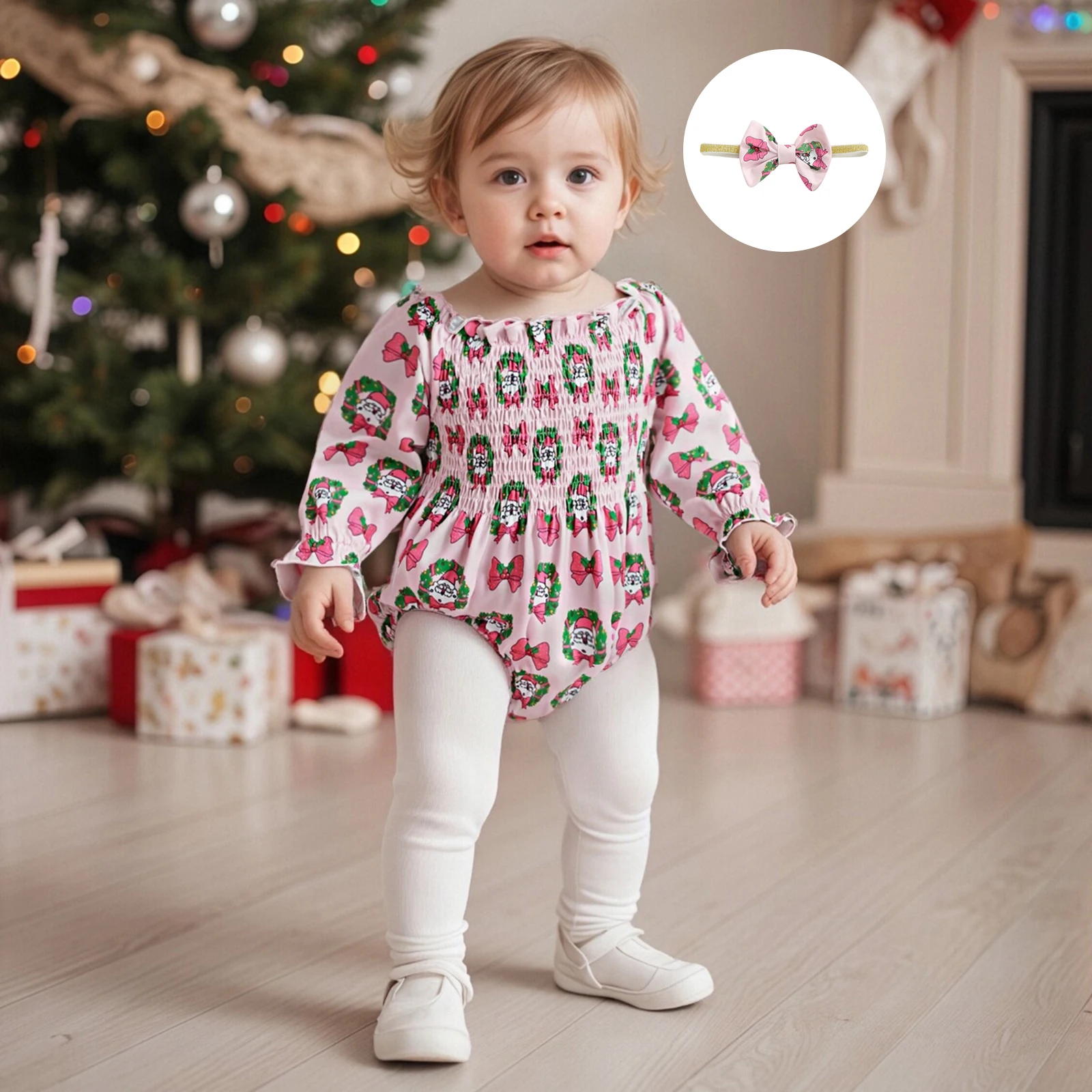 

Одежда для малышей, рождественский наряд для девочек, комбинезон с длинными рукавами и принтом Санта-Клауса, комплект с повязкой на голову с бантом, рождественская одежда для новорожденных