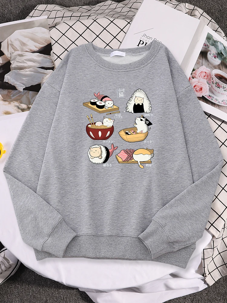 Cat Hiding In Sushi Print Hoodie Sweatshirts Streetwear Oversized Hooded Sweatshirt Woman Hip Hop Fashion Women O-Neck Hoodies