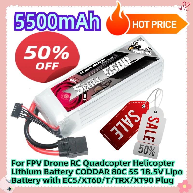

For FPV Drone RC Quadcopter Helicopter Lithium Battery CODDAR 80C 5S 18.5V 5500mAh Lipo Battery with EC5/XT60/T/TRX/XT90 Plug