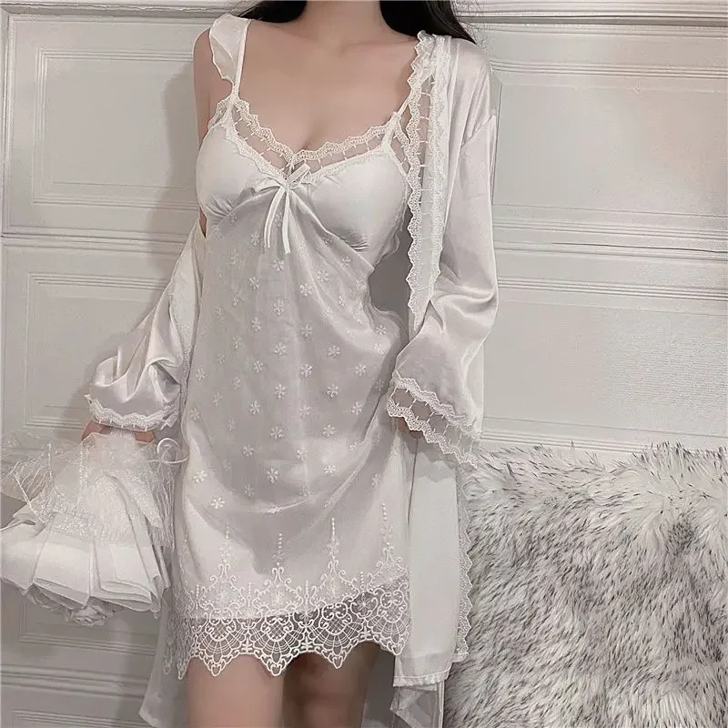 2024 Summer Ladies Lace Sexy Pajamas Breast Cushion Famale Sleepwear Two-piece Set Slip Nightdress Ice Silk Thin Homewear Suit