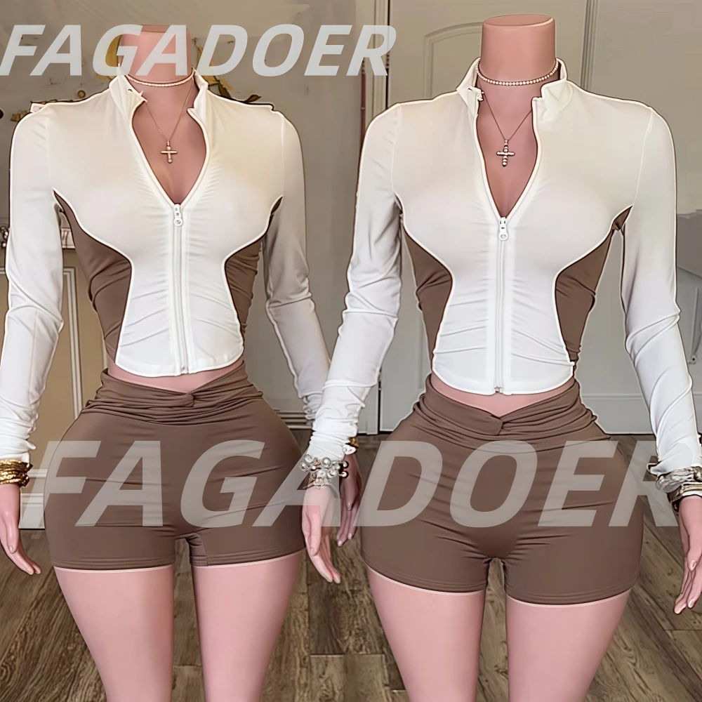 

FAGADOER Fashion Street Color Stitching Two Piece Sets Women Zip Long Sleeve Slim Top And Kink Shorts Outfits Summer 2pcs Suits