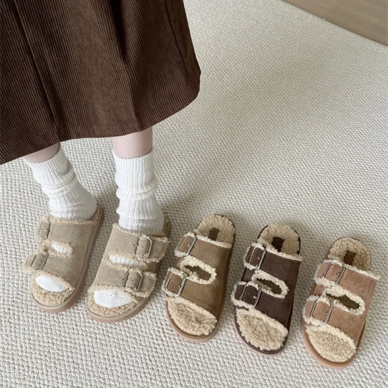 Slippers Casual Shoes Slides Flock Winter Footwear Fur Flip Flops Platform Slipers Women Luxury Soft Flat Plush 2024 Fabric Rubb