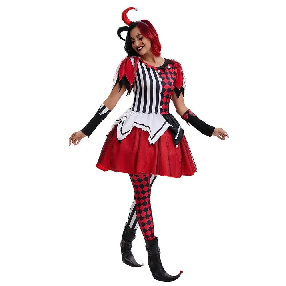 loween ホラー ピエロ コスプレ衣装 女性の伝統的な服装 ステージパフォーマンス エスニックウェア 怖い道化師の衣装