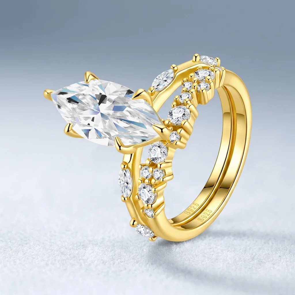 3.5CT Marquise Cut D Color Moissanite Ring Crown Split Shank Design S925 Sterling Silver With 18K Real Gold Plated Pave Side Stones Elegant Engagement Bridal Wedding Band Luxury Promise Ring For Her Sparkling Clear Gem Fine Handcrafted Lady Jewelry Gift