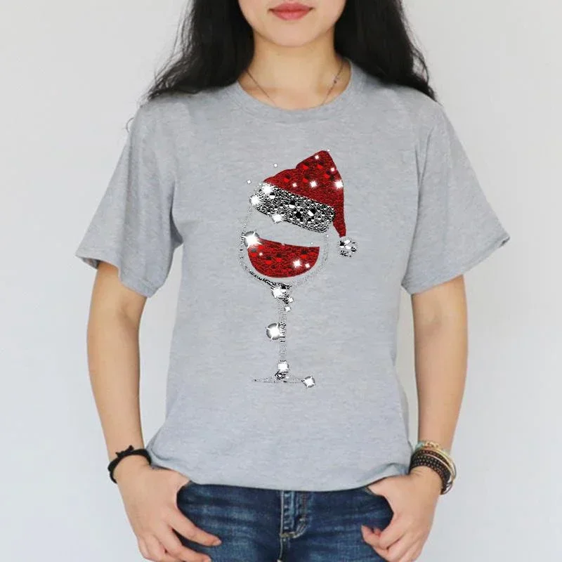 Camiseta de manga curta casual gola redonda feminina, estampado em copo de vinho tinto, aconchegante, Natal, novo