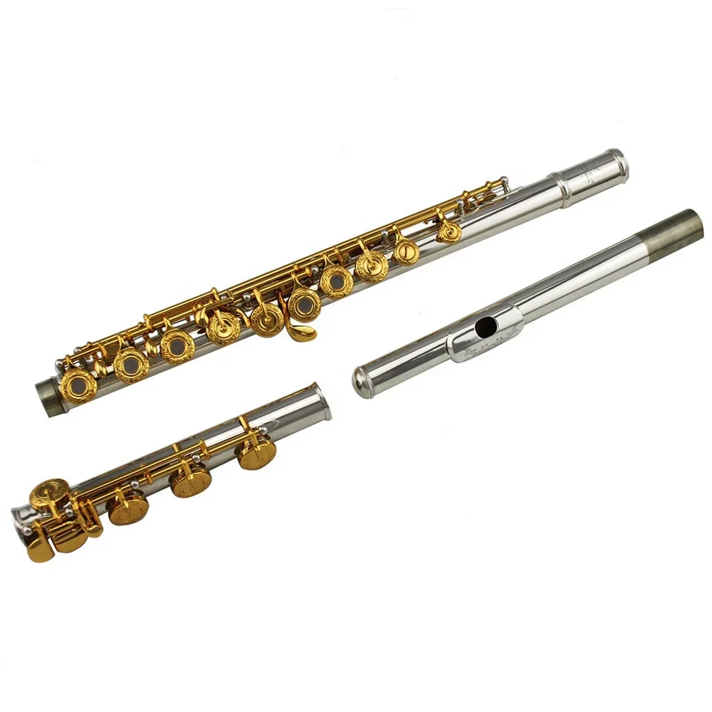 Wholesale Professional Musical Instrument High Grade 17 open hole Silver plated body Gold plated key flute OEM