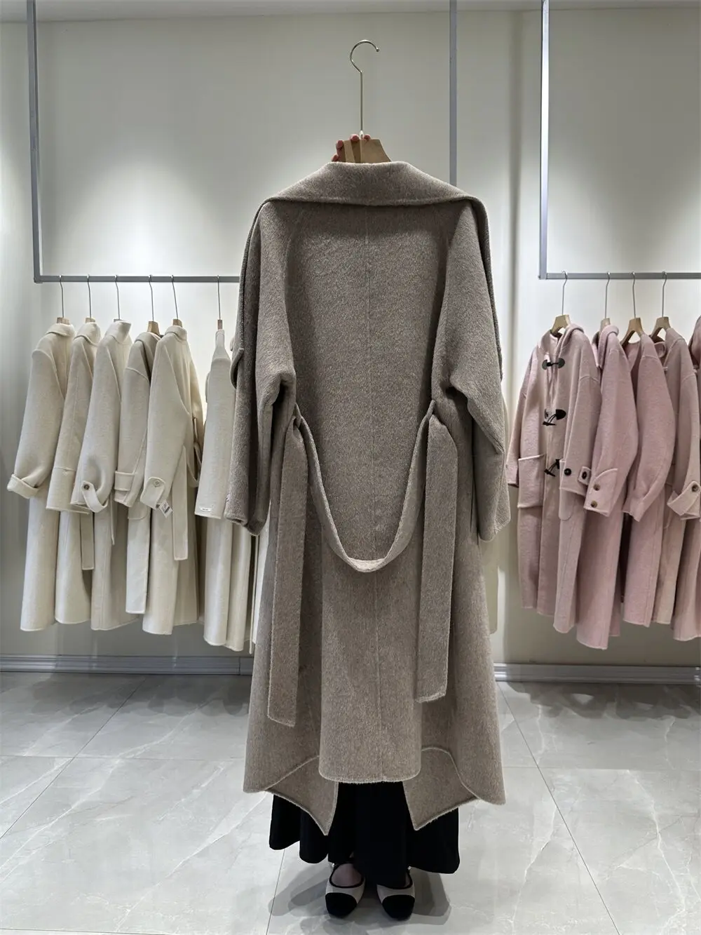 Autumn Winter New High End Large Lapel Powerful Double Face Wool Coat Women Long Elegant Wrap Woolen Outerwear With Waist Belt