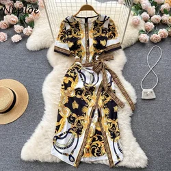 Neploe 2024 Summer Court Style Print Vestido Round Neck Long Sleeve Lace Waist Slim Robe High-end Temperament Package Hip Dress