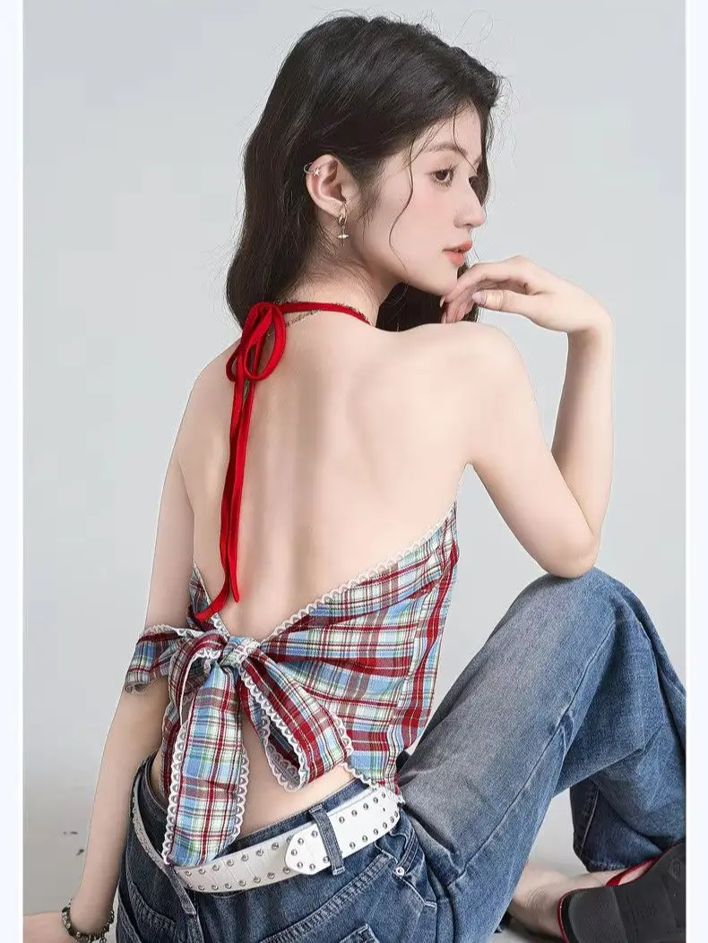 Red Checkered Drawstring Halter Top Fashionable Sexy Backless Waist Cinched Sleeveless Top Korean Style Women's Top 2026 New