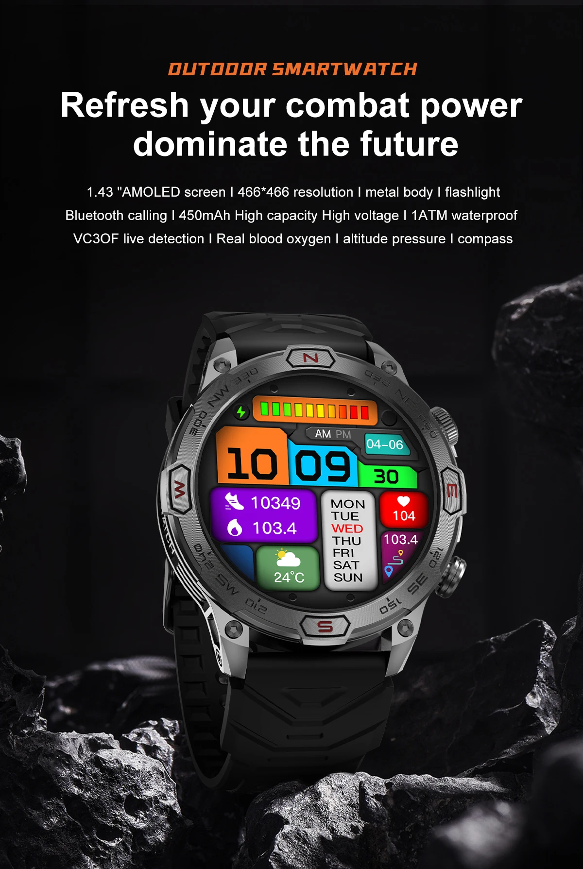 abelanja New KC86 Smart Watch Men Bluetooth Calls SMS notification Monitoring GPS Track+Altitude+Barometric Pressure+Flashlight