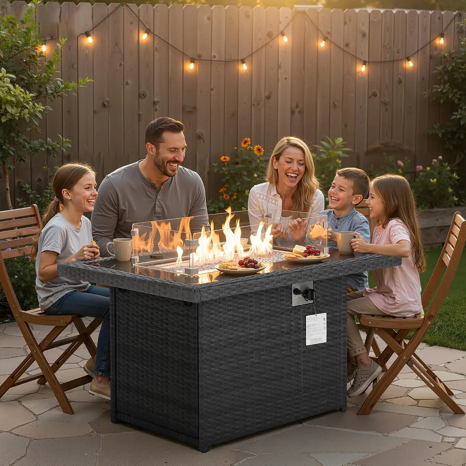 Wicker Fire Pit Table, 60000 BTU 43'' Rectangle CSA Fireplace for Deck Backyard with Windguard Glass Rocks Cover, Customized