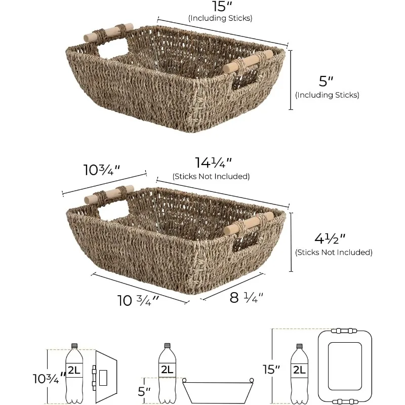 Large Storage Baskets with Wooden Handles, Seagrass Wicker Baskets for Organizing, 2-Pack