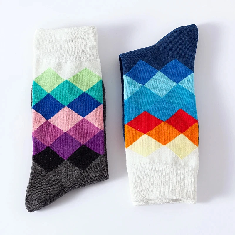 Men\'s Happy Mid length Socks Cotton Diamond Grid Casual Socks Breathable Multi Color Fun Socks Business Men\'s High Quality Socks