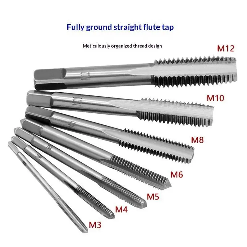 7 In 1 Screw Tap Kit High Strength Bearing Steel Taper Point Straight Fluted M3-M12 Metric Thread Tool for Hobbyists