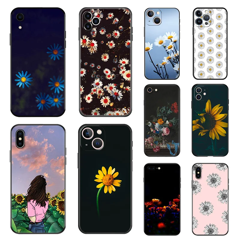 Matte Phone Case For iphone 16 Plus 15 14 13 12 11 Pro Max Mini 7 8 XR 16Pro XSMax Daisy Sunflower Art Rose Black Soft Cover