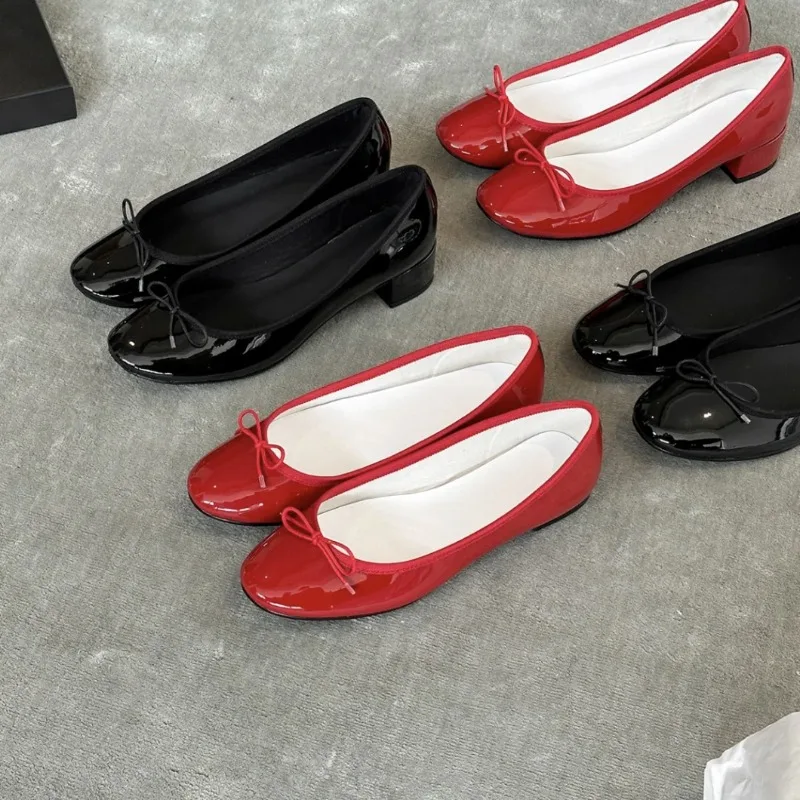 2026 New Round Toe Mary Jane Shoes Patent Leather Bow Ballet Flats Womens Low Block Heel Pumps Elegant Daily Dress Zapatos Mujer