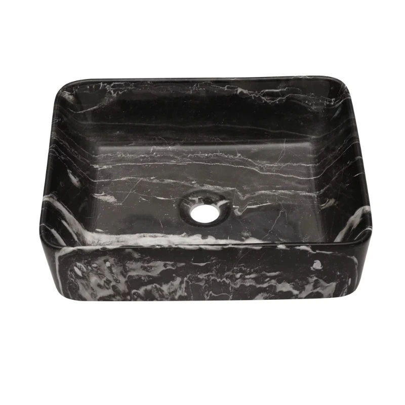 Black and grey marble patterned ceramic rectangular sink bathroom sink 19x15 inches, glossy finish, top mount