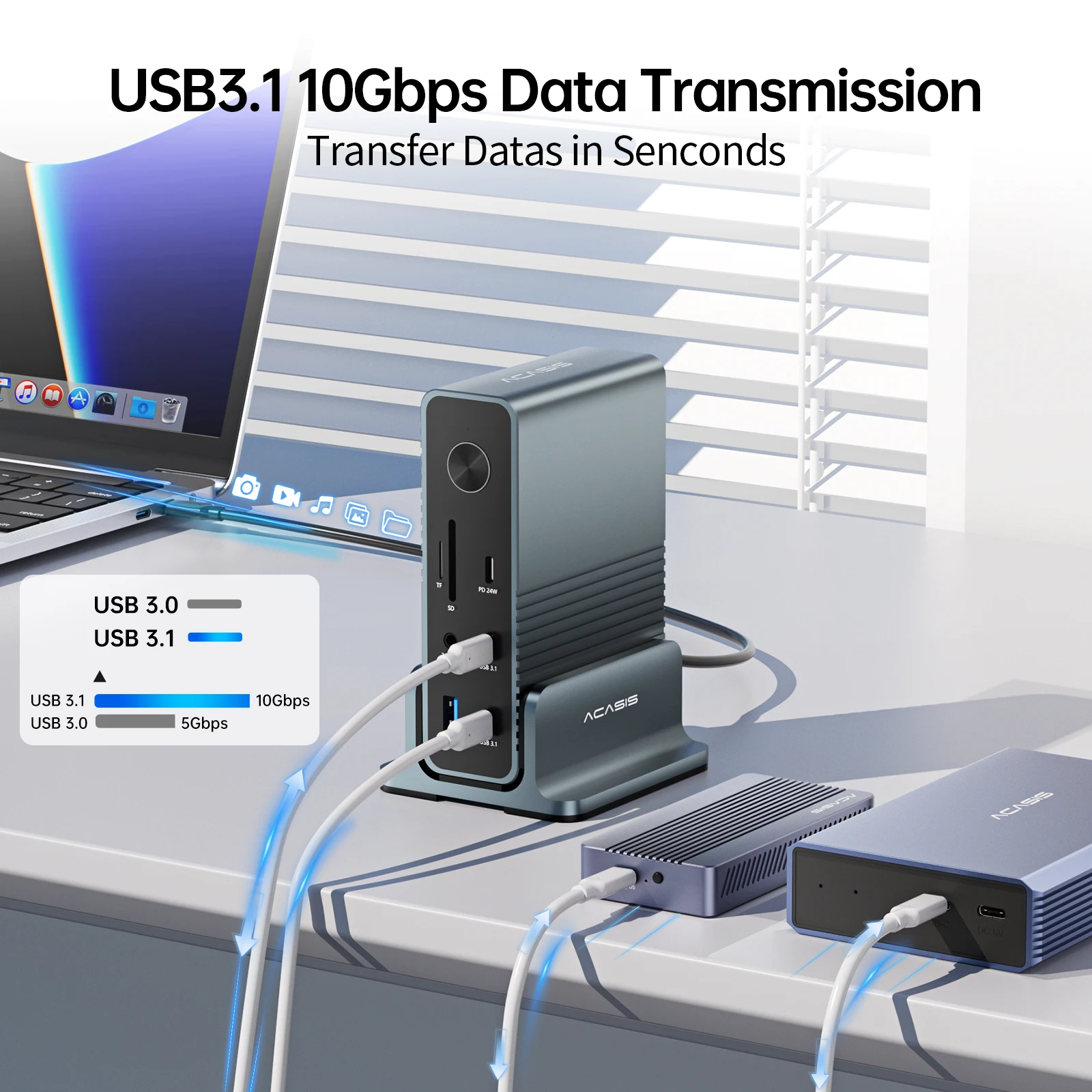 Acasis Type-C Hub 15 in 1 Adapter Docking Station For Macbook 4K@60HZ Resolution 3 Display Extension PD100W For Laptop Extender