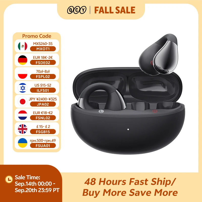 QCY Crossky C30 Ear Clip Earphones Bluetooth 5.4 Wireless Open Ear Sports TWS Earbuds Dual-Connection Headphones