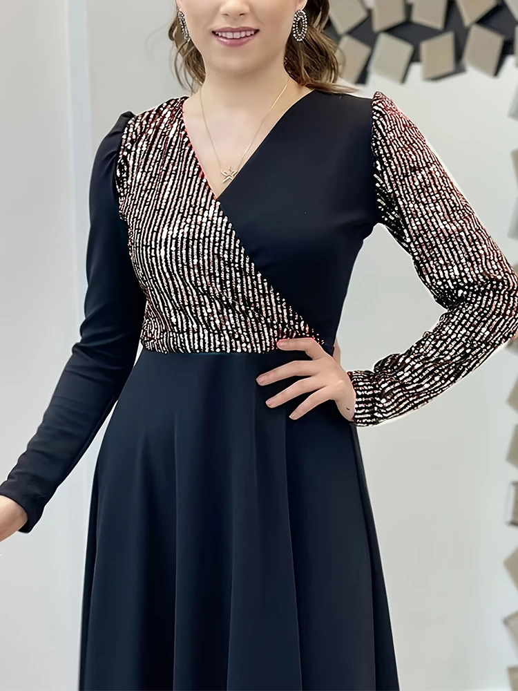 

Элегантное вечернее платье с V-образным вырезом и пайетками, модное длинное платье 2026 года с цветовыми блоками, повседневное длинное платье с длинными рукавами и поясом на талии
