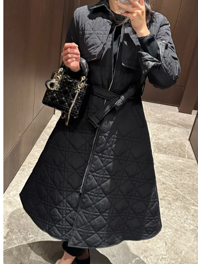 Ele Thiened Long Coat Women's Bla Slimming Waist Cotton Plaid Outerwear Vintage High-End Feelings Faionable