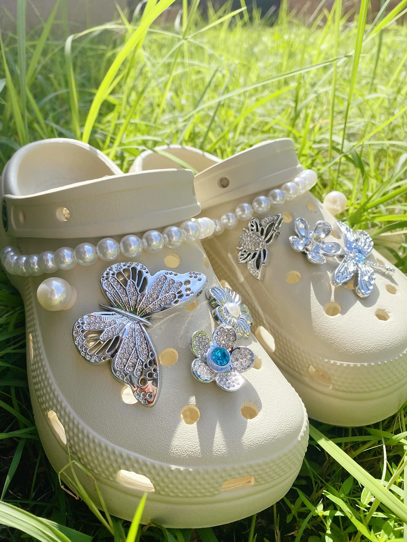 10 silver large butterfly, small butterfly, dragonfly, flower and chain DIY detachable shoe accessories, multi-functional shoe c