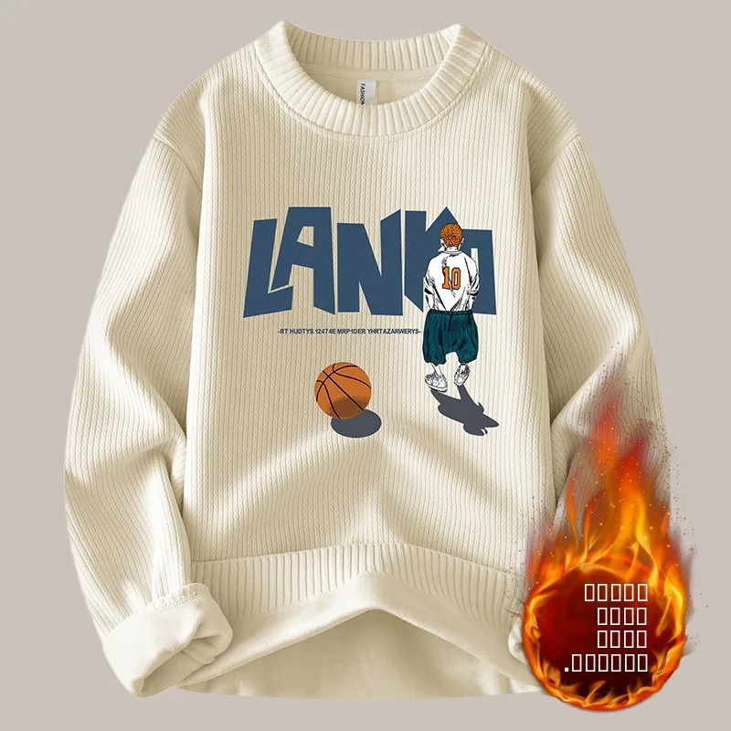 

Autumn Winter Thiened Fce Lined Knitted Base Layer irt Youth Student Sle Inteated Fce Men's Korean Trendy Sweater