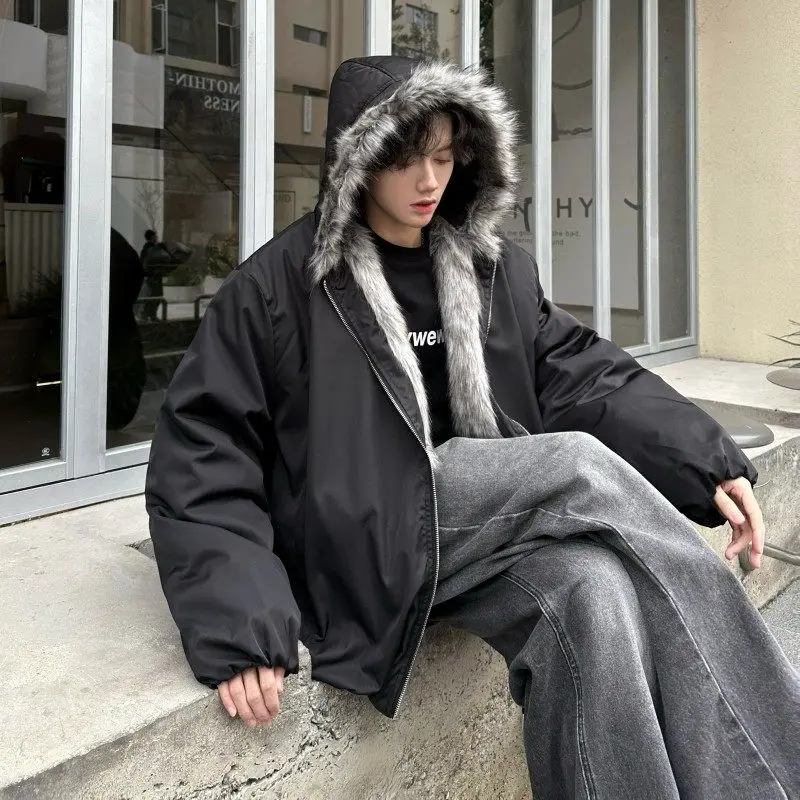 

American Sle Thiened Cleanfit Hooded Jaet for Men Winter Warm Cotton Coat with Fur Collar Loose Fit Long Sve Button ...