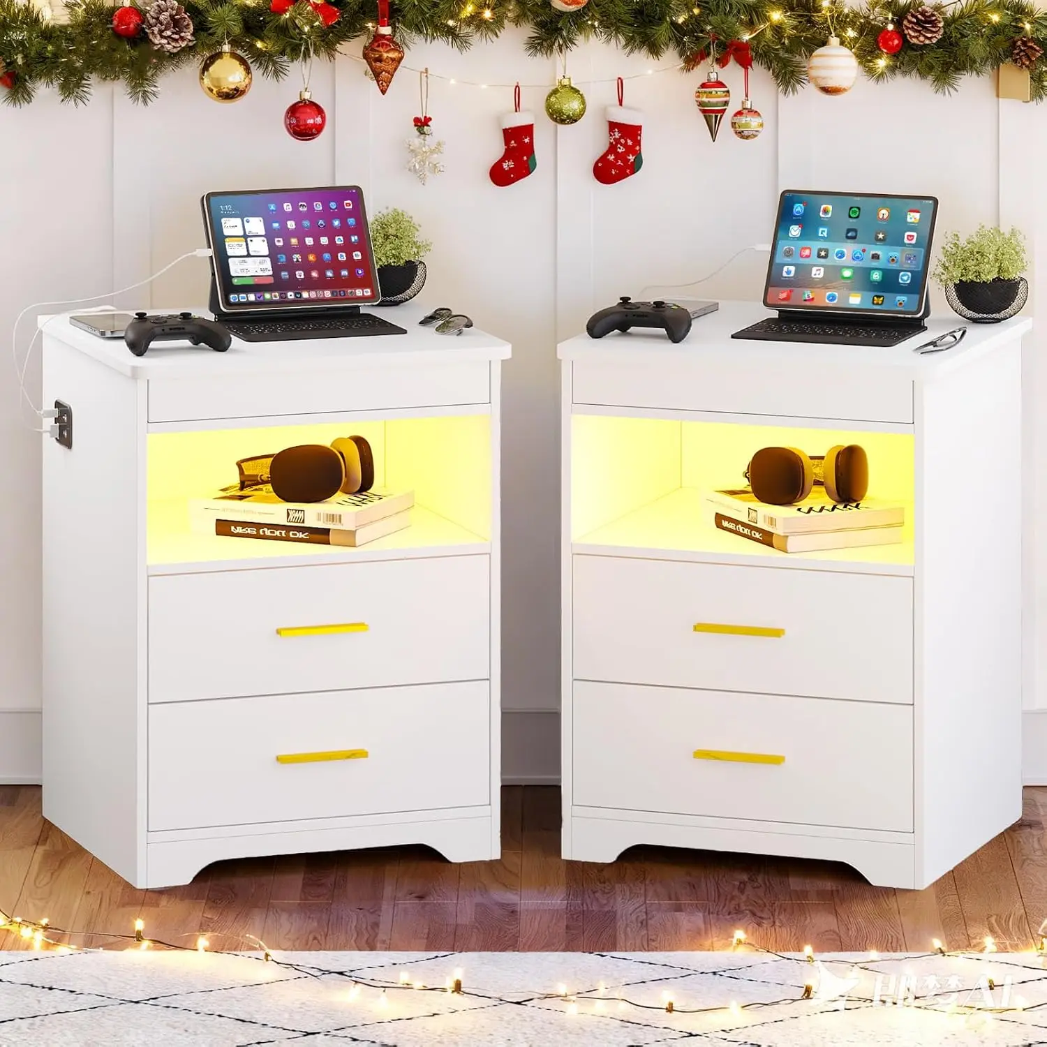 Set of 2 Night Stand with Lockable Gun Drawer,Smart Nightstand with Charging Station,LED Bedside Table with 3-Color Human Sensor
