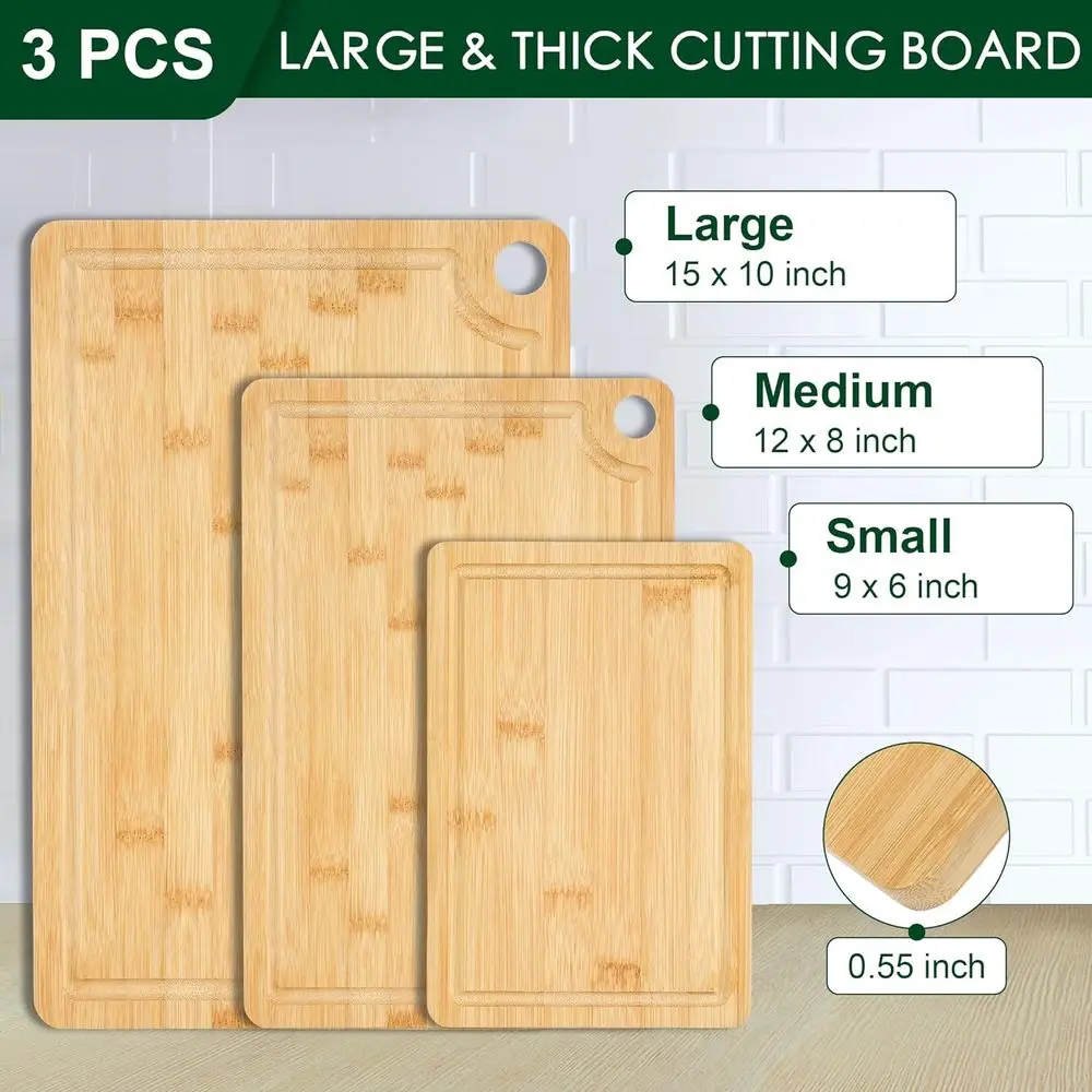 Durable Wooden Cutting Boards with Deep Juice Grooves, Built-in Handles & Hanging Holes, Ideal for Chopping Meat, Vegetables, Di