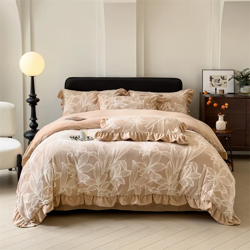 Brown Winter Warmth Thickening Velvet Flannel Fleece Bedding Set Duvet Cover Linen Fitted Sheet Pillowcases Home Textile