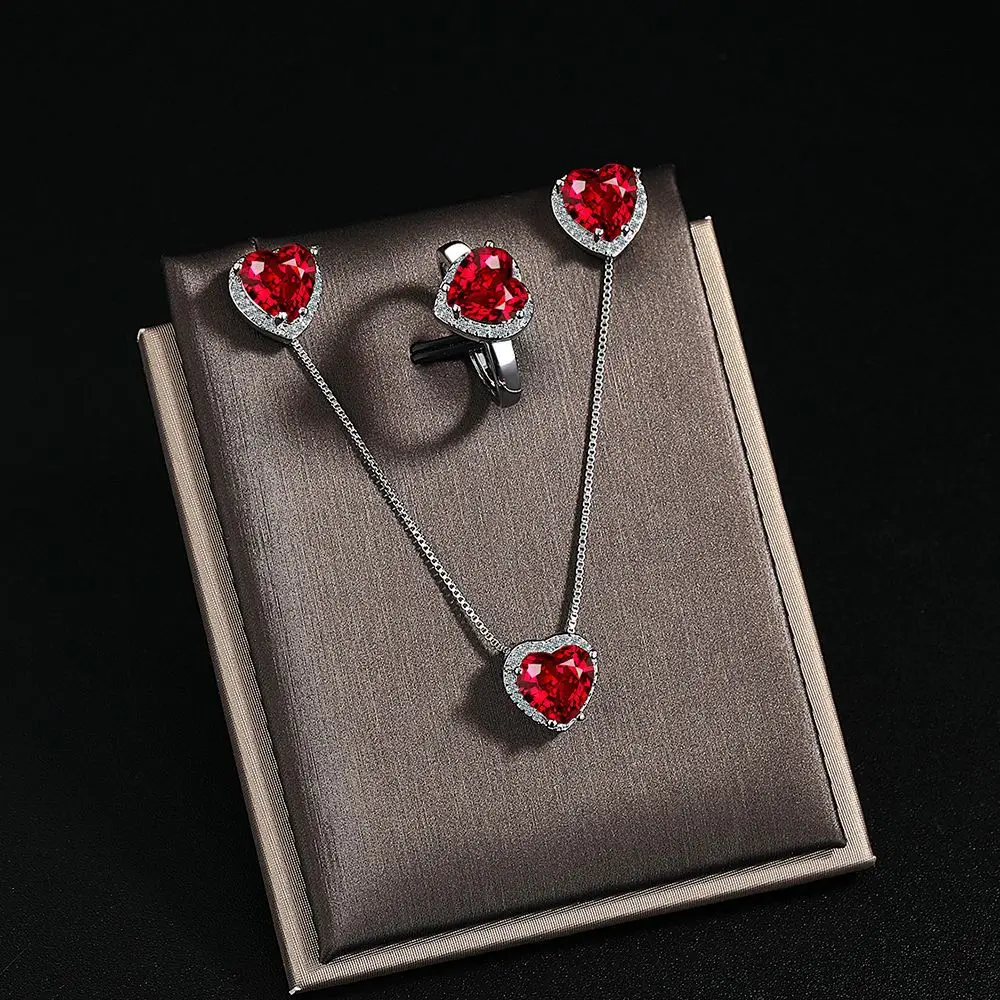 3 stücke Original 925 Sterling Silber Set Herz Rubin Rot Edelstein für Frauen Mode Schlüsselbein Kette Hochzeit Schmuck Set Party geschenk